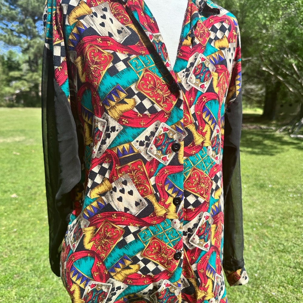 South Coast Playing Card Print Button-Up Blouse – Vintage Style Statement Top